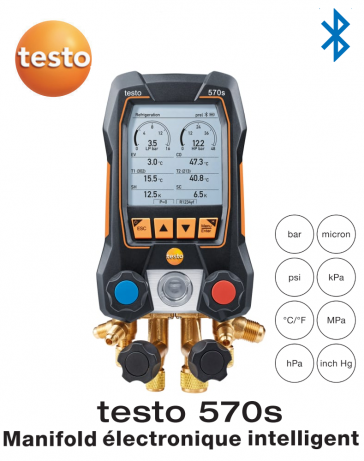 testo 570s - manifold électronique avec bloc de vannes à 4 voies, Bluetooth et analyse intelligente des défauts