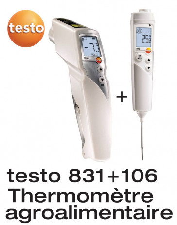 Set Testo 831 et Testo 106 : thermomètre infrarouge et thermomètre de pénétration