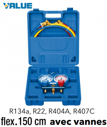 Coffret manomètre 2 voies avec voyant et flexible R134A - R404A - R22 - R407C - 150 cm