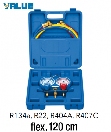 Coffret manomètre 2 voies avec voyant et flexible R134A - R404A - R22 - R407C - 120 cm