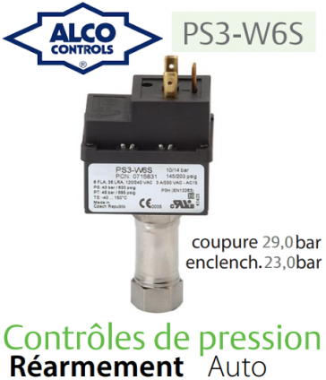 Contrôle de pression à point de consigne fixe PS3-W6S Alco Controls 