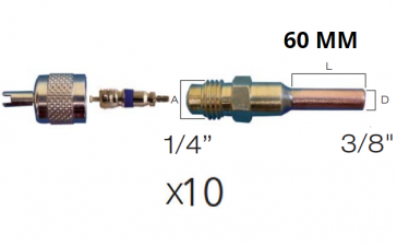 Lot de 10 x Raccords droit valve schrader avec embout cuivre  3/8" X 60 MM