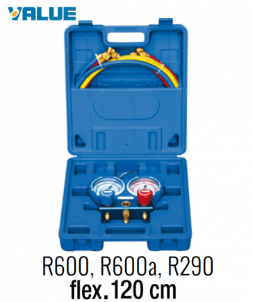 Coffret manomètre 2 voies avec voyant et flexible R600, R600a, R290 - 120 cm