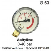 Manomètre pour détendeur - Acétylène - 0 à 40 bar 
