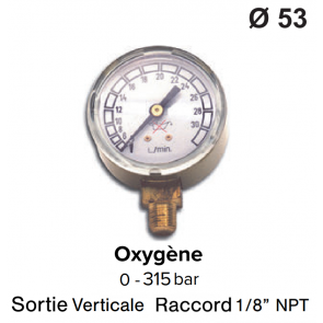Manomètre pour détendeur - Oxygène - 0 à 200 / 315 bar