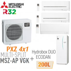 Mitsubishi Quadri-split PXZ-4F75VG + 1 MSZ-AP15VGK + 1 MSZ-AP20VGK + 1 MSZ-AY35VGK + EHST20D-VM2D